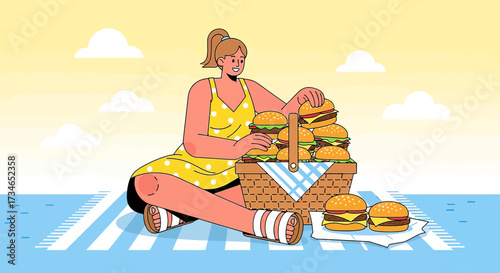 Illustrated woman enjoying a picnic with an overflowing basket of delicious burgers