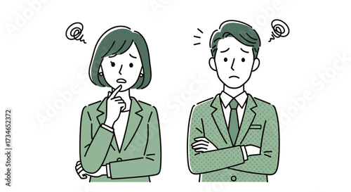 Worried business professionals contemplating complex challenges, illustrating workplace stress, confusion, and the burden of difficult decisions and uncertainty