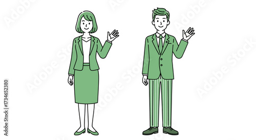 Vibrant illustration of professional business man and woman in green suits, cheerfully waving to symbolize welcoming corporate environment and effective communication concepts for team engagement