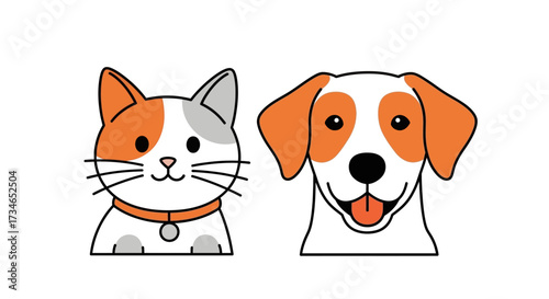 Charming cartoon illustration featuring a happy cat and dog side-by-side, representing pet companionship and friendship in a cute, simple, vector art style, ideal for various design projects