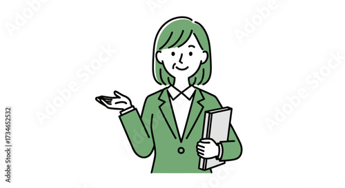 An illustrative concept depicting a confident and mature professional woman in a business suit, gesturing clearly while holding a folder, offering expert guidance or welcoming a productive discussion