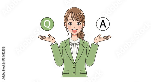 A cheerful business professional offers balanced support, presenting clear questions and effective answers for comprehensive information and problem-solving guidance