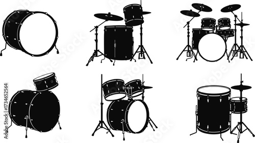Black drum kit silhouette vector set, percussion instrument icons, music equipment illustration, bass drum and cymbal design for stock