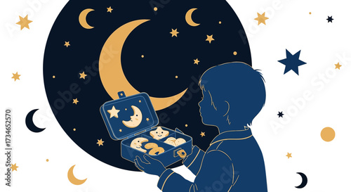 Illustration of a boy with a snack box in a starry night with moon and stars