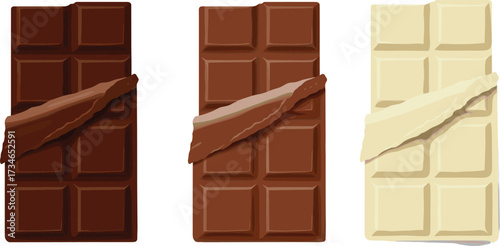 Vector illustration of dark chocolate, milk chocolate, and white chocolate bars with broken torn pieces, isolated sweet dessert candy design