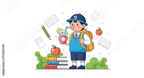 Illustration of a cheerful student enjoying a refreshing drink surrounded by school items