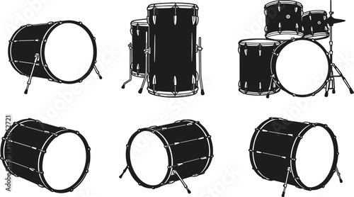 Black drum vector illustration set, musical instrument icons, bass drum and tom-tom designs, percussion equipment for stock use