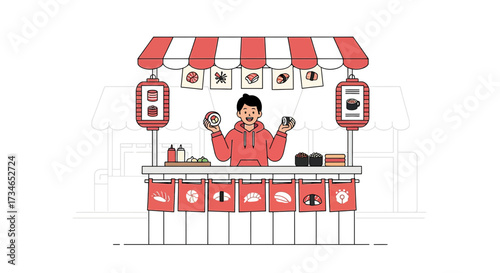 Illustration of a cheerful sushi vendor at a red and white striped food stall promoting his products