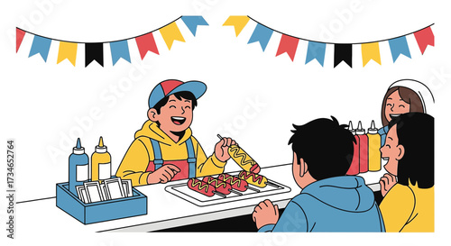 Illustration of a cheerful vendor serving corn dogs at a festive outdoor event with customers
