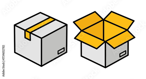 Isometric design concept showing a securely taped parcel and an open, empty cardboard box, symbolizing packaging, shipping, and storage solutions for modern businesses