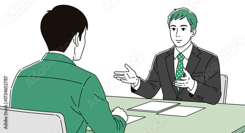Engaging professional business discussion concept between two individuals, symbolizing a productive meeting, interview, or consultation in a corporate environment