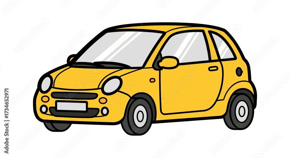 Obraz premium A vibrant yellow compact car illustration, depicted in a clean and modern cartoon style, perfect for urban transport graphics or playful design projects focusing on eco-friendly mobility