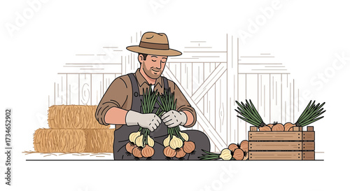 Illustration of a farmer harvesting and organizing onions in a barn with hay bales