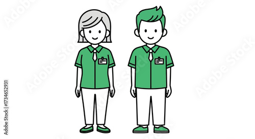 Professional convenience store staff in green uniforms, a male and female team ready to assist customers with friendly service and efficient operations
