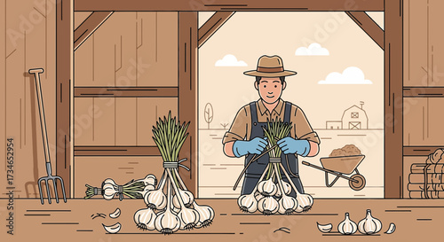 Illustration of a farmer harvesting garlic in a barn with rural landscape backdrop