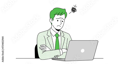 Stressed business professional encountering a challenging technical problem or puzzling dilemma while working on a laptop, depicting workplace frustration and overwhelming situations