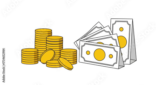 Modern line art illustration of financial assets, featuring stacked golden coins and fanned paper banknotes, representing wealth, savings, and economic prosperity