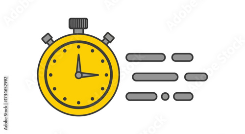 Modern flat design illustration of a yellow stopwatch with motion lines, symbolizing speed, efficiency, time management, and urgent deadlines