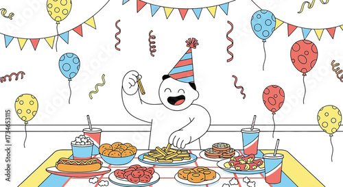 Illustration of a joyful person celebrating with food and festive decorations for a birthday party