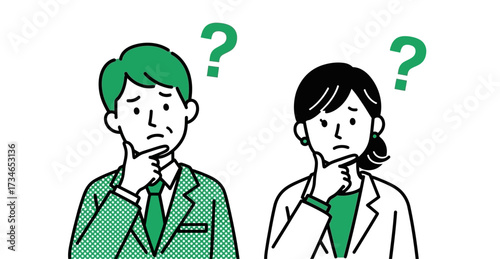 Confused business professionals contemplating a complex problem, expressing concern and seeking a clever concept for a challenging conundrum