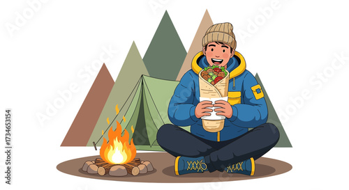 Illustration of a man camping eating a wrap with tent and mountains background design