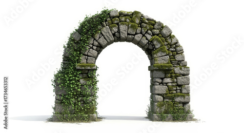 Ancient Stone Archway Covered in Green Ivy and Moss, Isolated on White Background