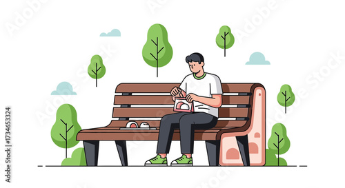 Illustration of a man enjoying mochi on a park bench surrounded by greenery