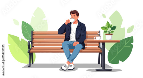 Illustration of a man relaxing on a bench drinking coffee in a park setting enjoying nature
