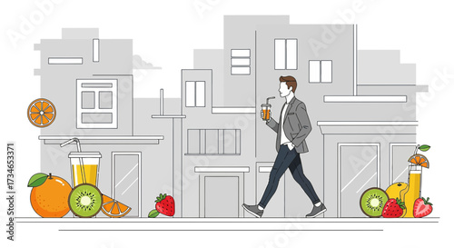 Illustration of a man walking in the city with juice and fruits a healthy lifestyle