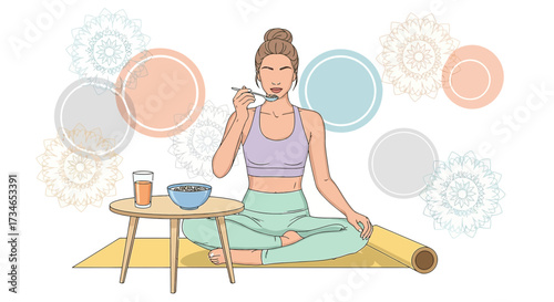 Illustration of a mindful woman enjoying a healthy breakfast in a peaceful setting