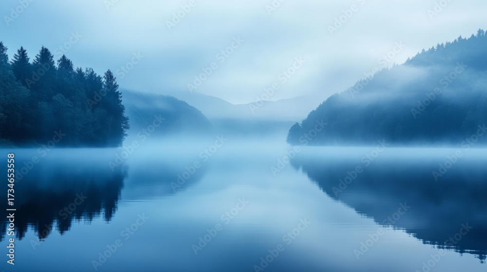 Fototapeta premium A calming blue wallpaper with misty fog over a lake 