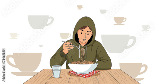 Illustration of a person eating spaghetti in a hoodie surrounded by coffee cups evokes a relaxed