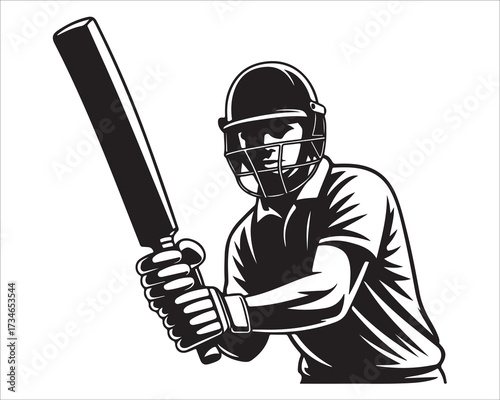 Cricket player batsman silhouette vector illustration in black and white