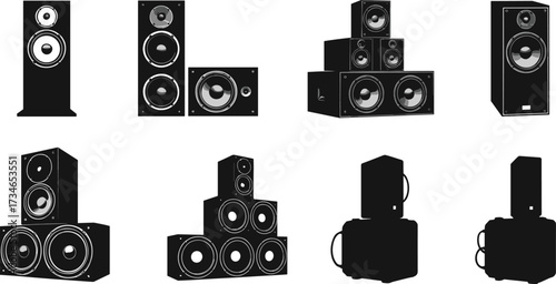 Black speaker silhouette vector set, audio system icons, sound equipment illustration, music device collection, stereo design for stock use
