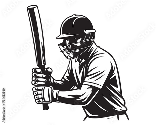Cricket player silhouette vector illustration, batsman in helmet holding bat symbol in black and white, sports athlete logo design for championship, competition, team spirit, tournament, and athletic 