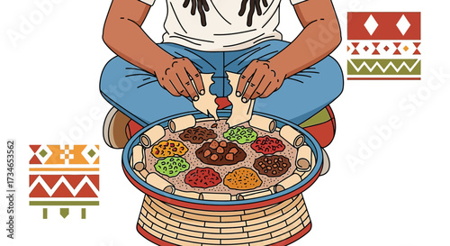 Illustration of a person eating traditional Ethiopian food injera with various stews and colorful