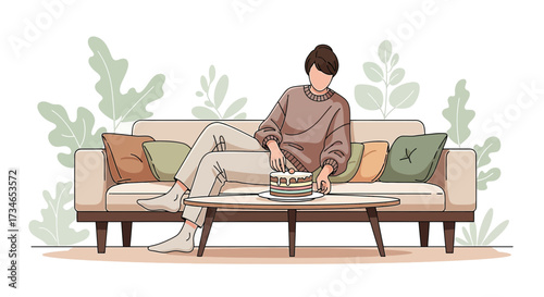 Illustration of a person relaxing at home while enjoying a cake on the coffee table