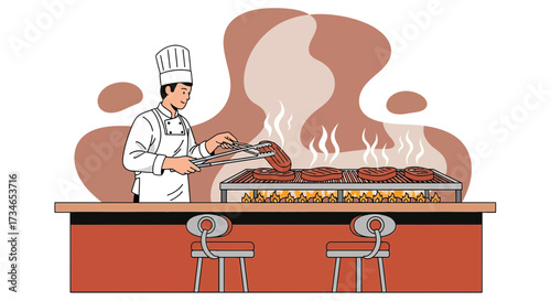 Illustration of a skilled chef grilling delicious steaks at a vibrant restaurant barbecue station