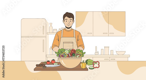 Illustration of a smiling man preparing a healthy and fresh vegetable salad in a kitchen environment