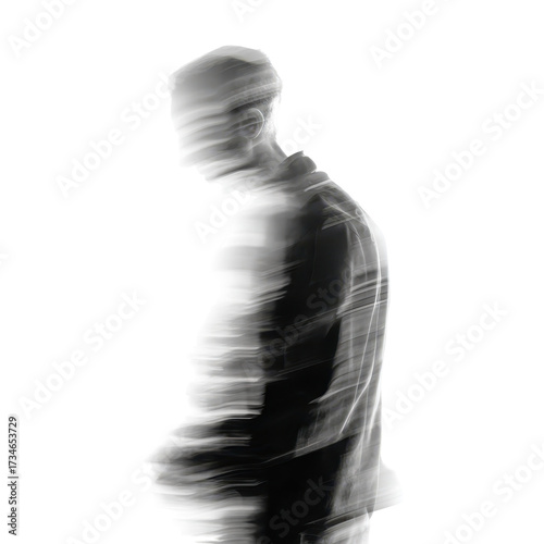 Silhouette of a person walking in a bright, softly illuminated space during a calm, reflective moment