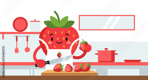 Illustration of a smiling strawberry character cutting strawberries in a kitchen scene