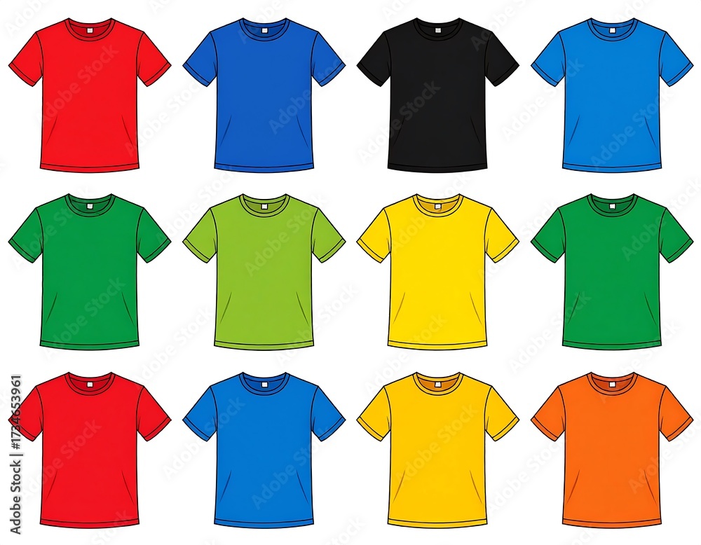Naklejka premium A collection of multicolored blank t-shirts displayed on a white backdrop