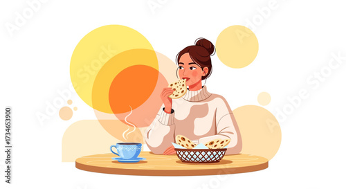 Illustration of a woman enjoying a coffee break with a piece of flatbread eating with enjoyment in