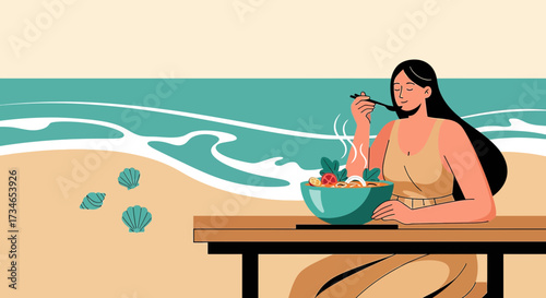 Illustration of a woman enjoying a meal by the sea for summer vacation vibe concept