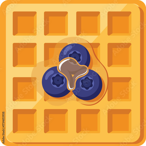 A golden waffle is topped with three blueberries and a drizzle of brown syrup, creating a sweet breakfast treat.
