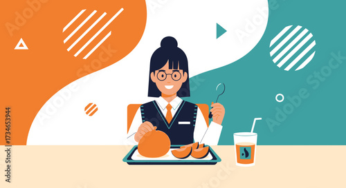 Illustration of a woman enjoying a healthy melon meal with abstract background design