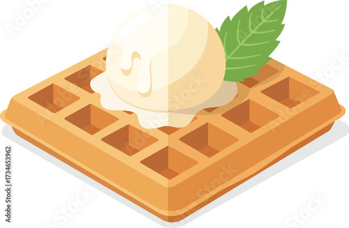 Isometric waffle topped with a scoop of vanilla ice cream and garnished with a fresh mint leaf.
