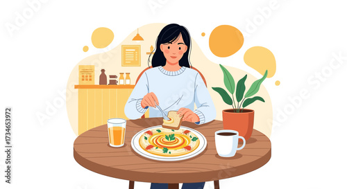 Illustration of a Woman Enjoying a Nutritious Breakfast at a Round Wooden Table