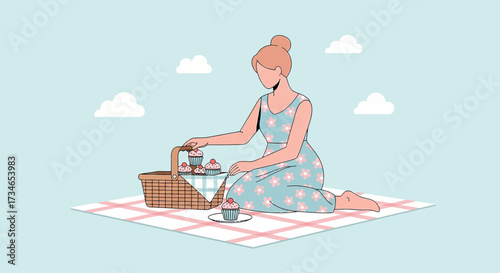 Illustration of a woman enjoying a picnic with cupcakes on a light blue background enjoying a