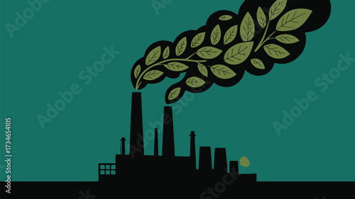 Eco-friendly industry concept shows factory emitting leaves instead of smoke, promotes green initiative and sustainable manufacturing practices